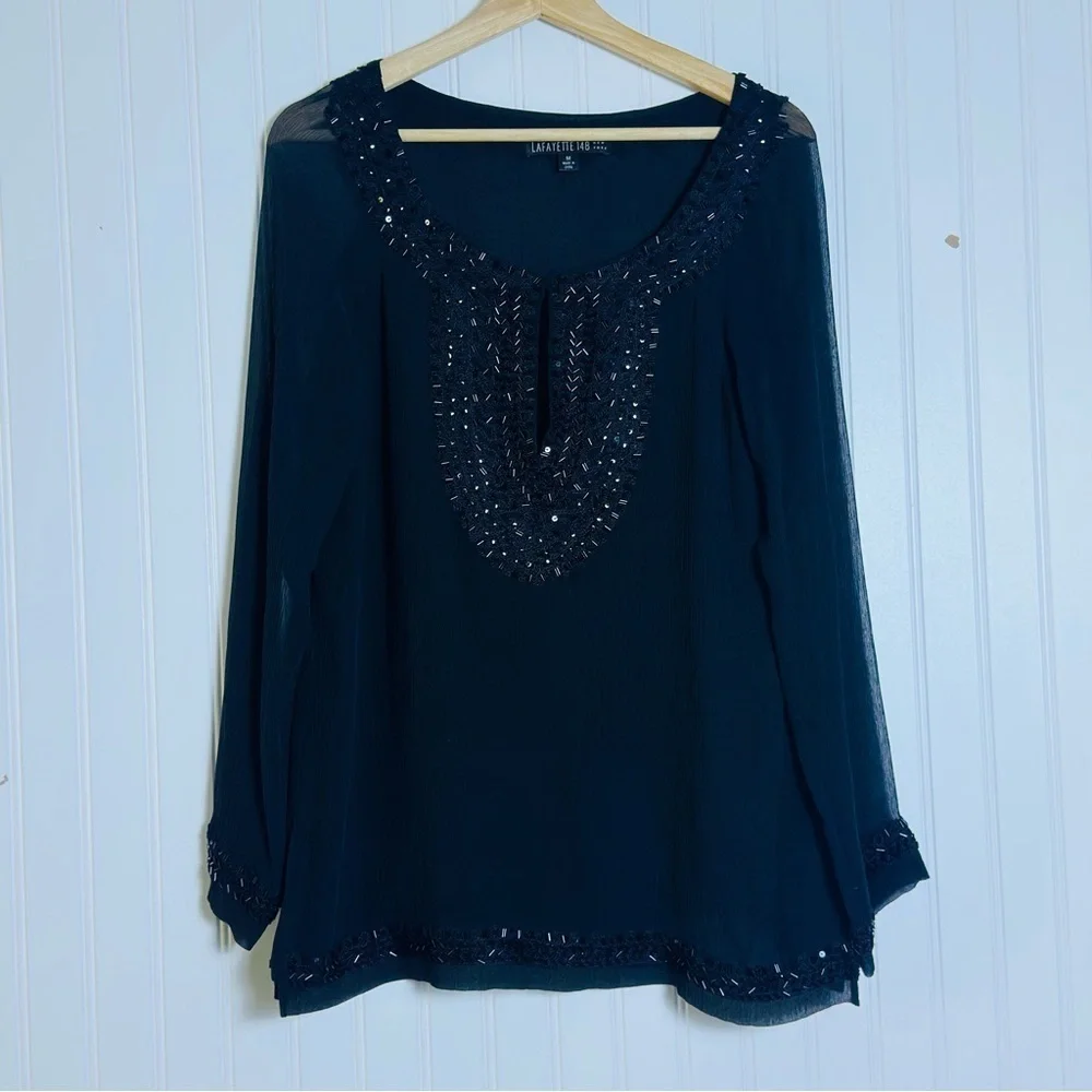 Lafayette 148 New York Black Embellished Blouse Tunic Top Silk Casual Business M - Picture 13 of 13
